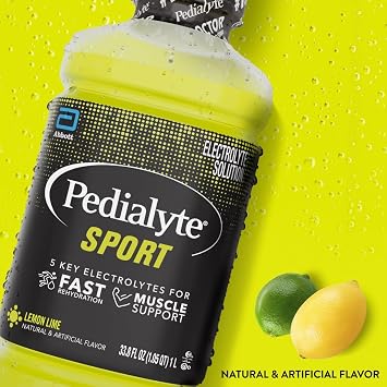 Pedialyte Sport Electrolyte Drink, Fast Hydration with 5 Key Electrolytes for Muscle Support Before, During, After Exercise, Lemon Lime, 1 Liter, Pack of 4