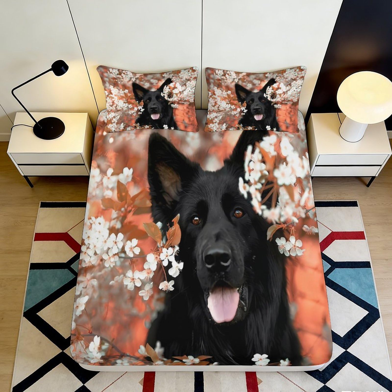 3D Printed Black German Shepherd Dog Fitted Sheet Microfiber Orange Floral Mattress Cover, Anti-Slip, Machine Washable, Bedroom Dorm Decor 90x200x25cm