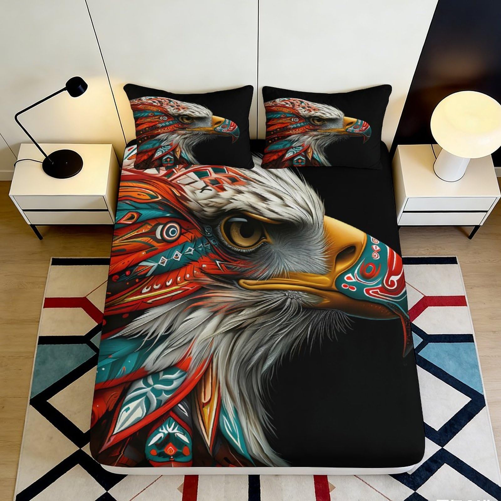 Pnayamiorkfel Style-1 3D Printed Eagle Feather Fitted Sheet Microfiber Soft Breathable Tribal Bird Bed Cover For Bedroom Dorm Decor 90X200x25cm