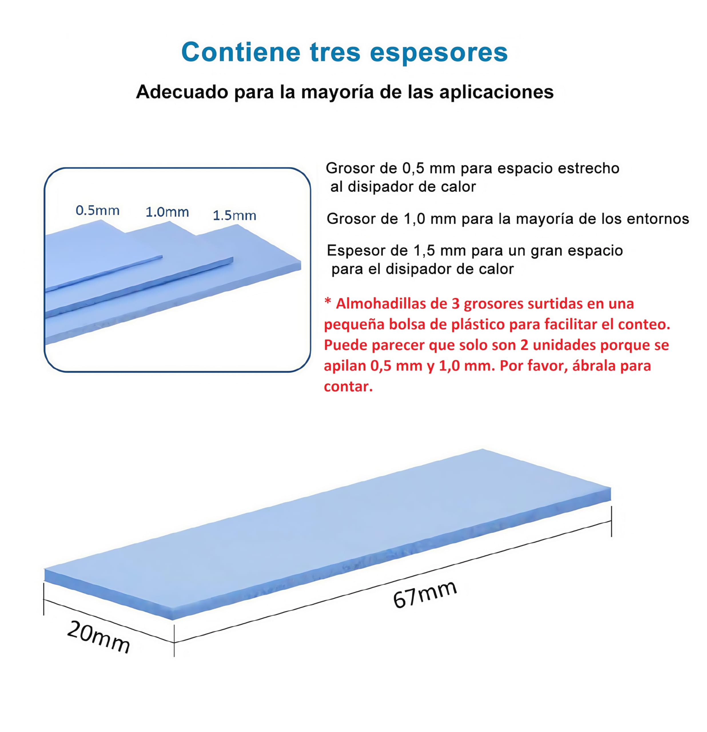 Paquete de 9 almohadillas de silicona conductoras térmicas de 0,5, 1,0, 1,5 mm de grosor, con conductividad térmica de 6,0 W/mk, suave, seguro, fácil de aplicar para SSD, CPU, GPU-Azul