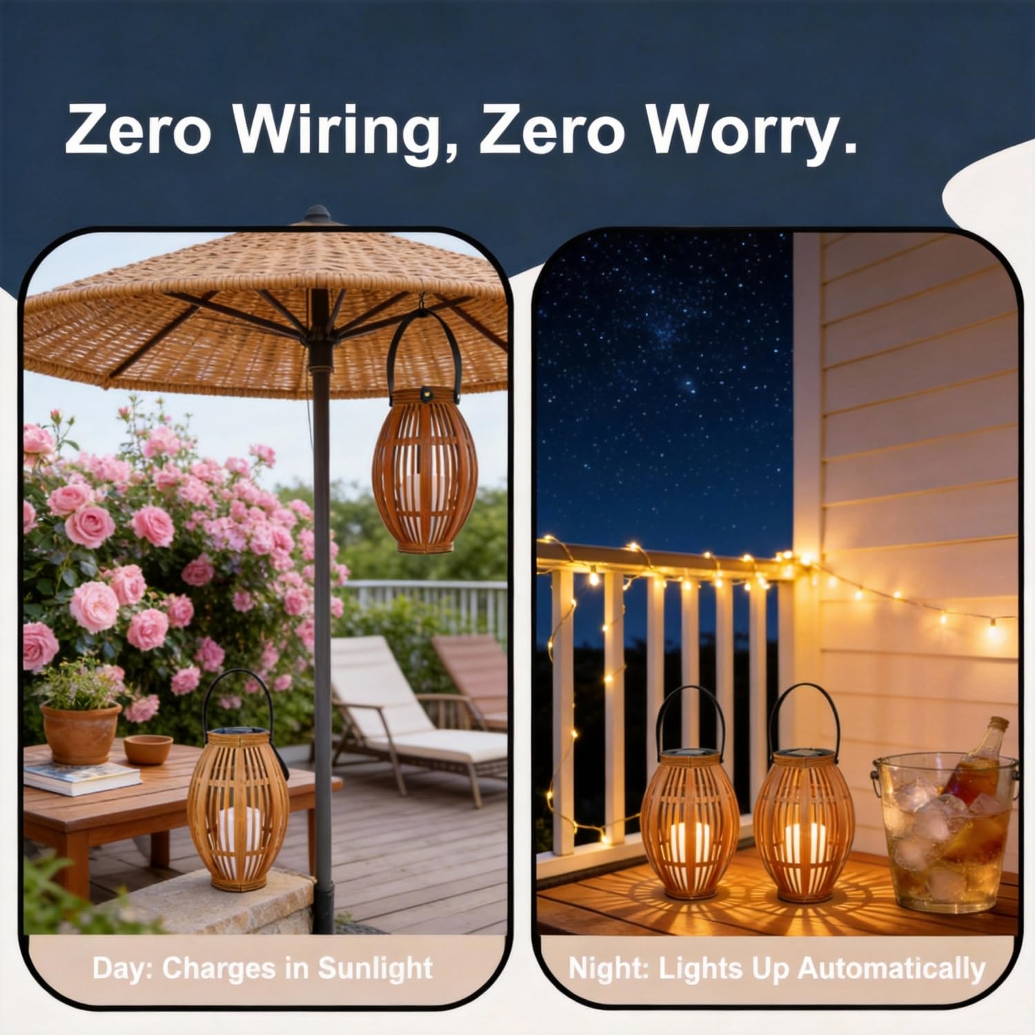 Confezione da 2 lanterne a energia solare con luce LED, design decorativo in tessuto, naturale e nero, per appendere all'aperto