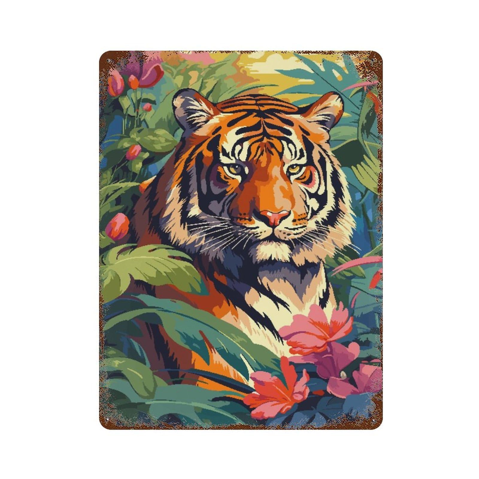 Tiger of Jungle Pixel Art Decorative Tin Sign 15.7"x11.8", Old School Wall Decor for Garage, Pub Or Kitchen