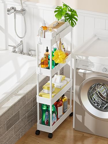Miniatura 2 de LEHOM Carrito de almacenamiento delgado de 5.1 pulgadas, organizador de baño de 4 niveles, estantería móvil, carrito rodante, organizador deslizante