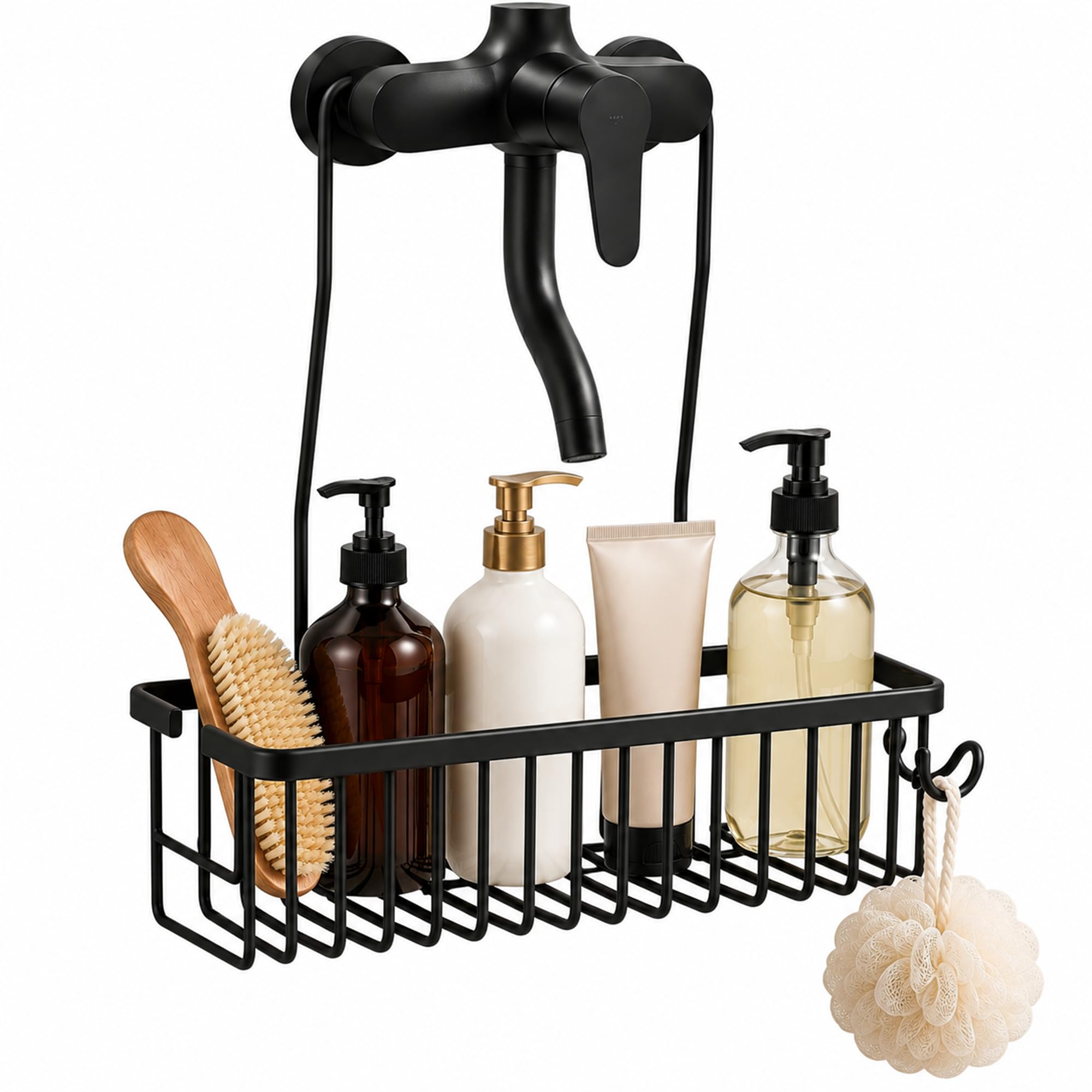 PWRco Hanging Organiser Aluminium Alloy Rustproof Caddy No Drill Shower Storage Rack Basket for Shampoo Conditioner Soap Toiletries Slim Bathroom Accessory 30cm BLACK