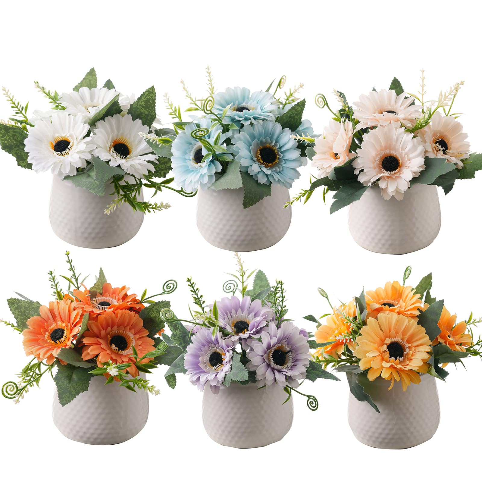 SUNNY BROOK 6PCS Artificial Flowers with Ceramic Pot, Small Fake Sunflowers in Vase, Faux Silk Spring Summer Flower for Home Summer Decor, Dining Coffee Table Centerpiece, Living Room Season Décor