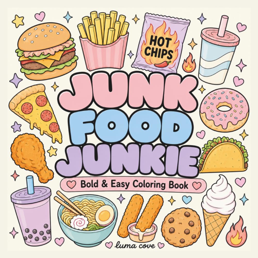 Junk Food Junkie Coloring Book:: Bold and Easy designs for Adults and Kids Featuring Fast Food, Junk Food, Sweet Treats, Snacks & Drinks for Relaxation