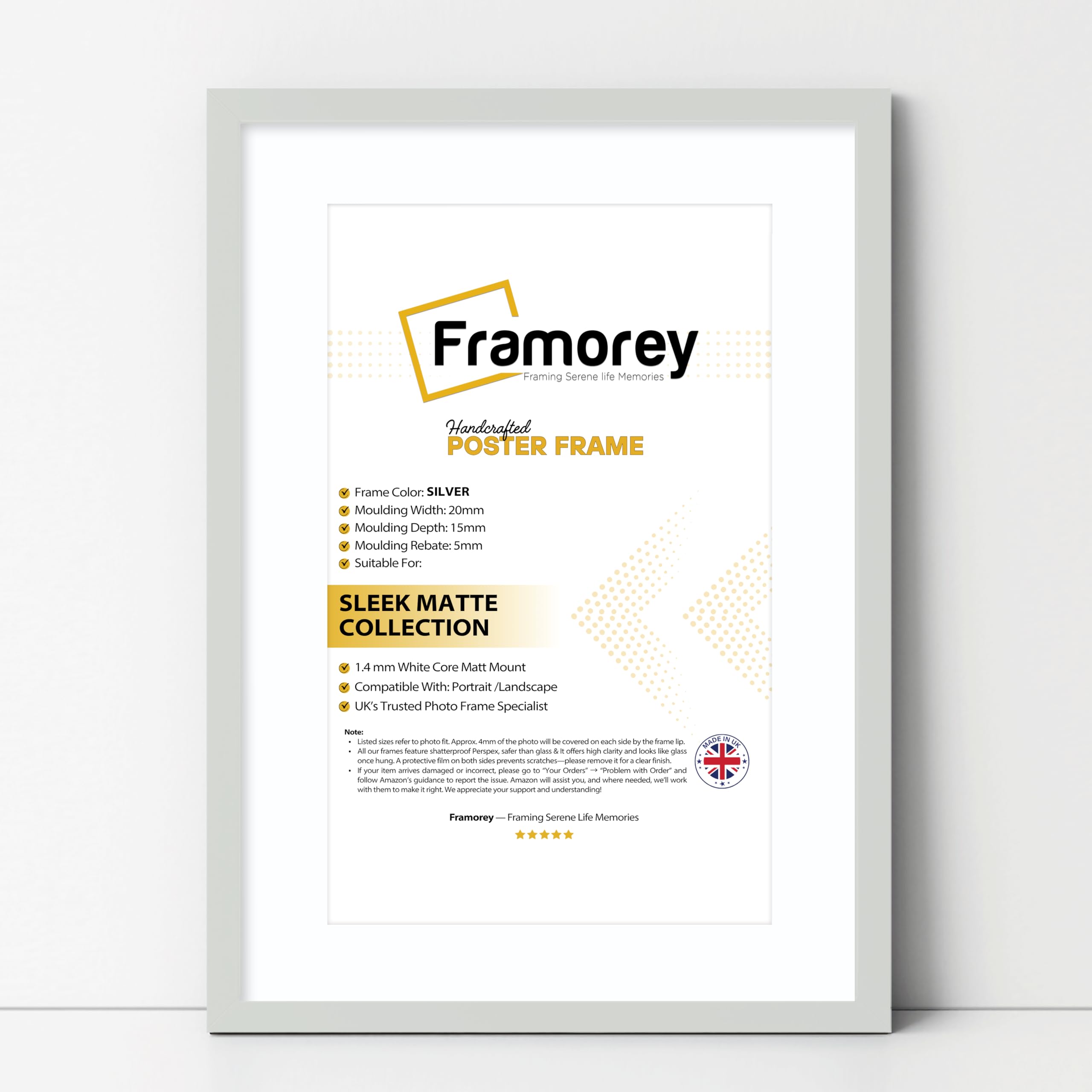 FRAMOREY Thin Matt Silver Photo Frames 18x14" Size Picture Frame With 14x10" Size White Mount, Flat Wooden Effect Photo Frames, Home Décor Frame, Wall Art Poster Frame
