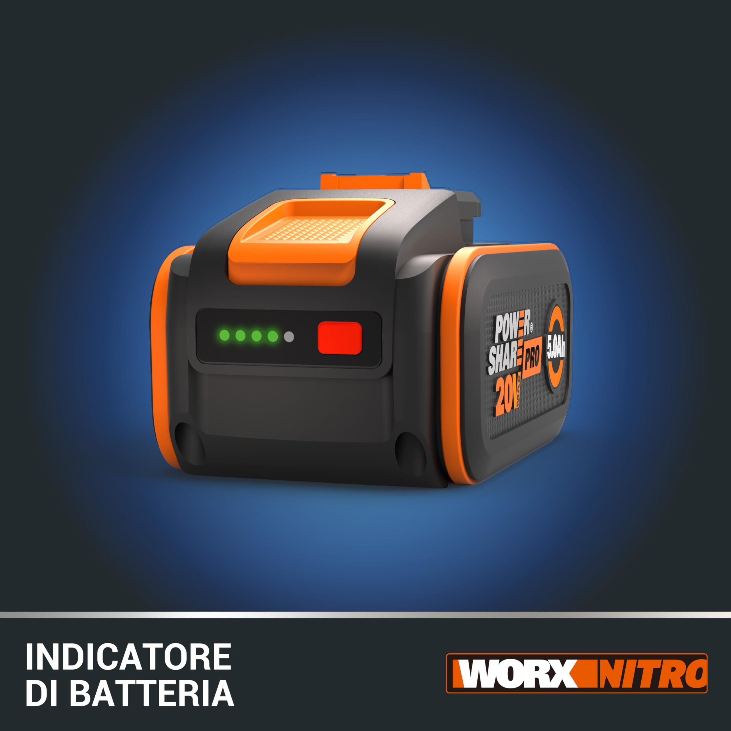 Worx WA3645 Batteria PowerShare Pro da 20 V – 5,0 Ah agli ioni di litio ricaricabile, maggiore sicurezza e durata – con indicatore LED e innovativa tecnologia Heatshield