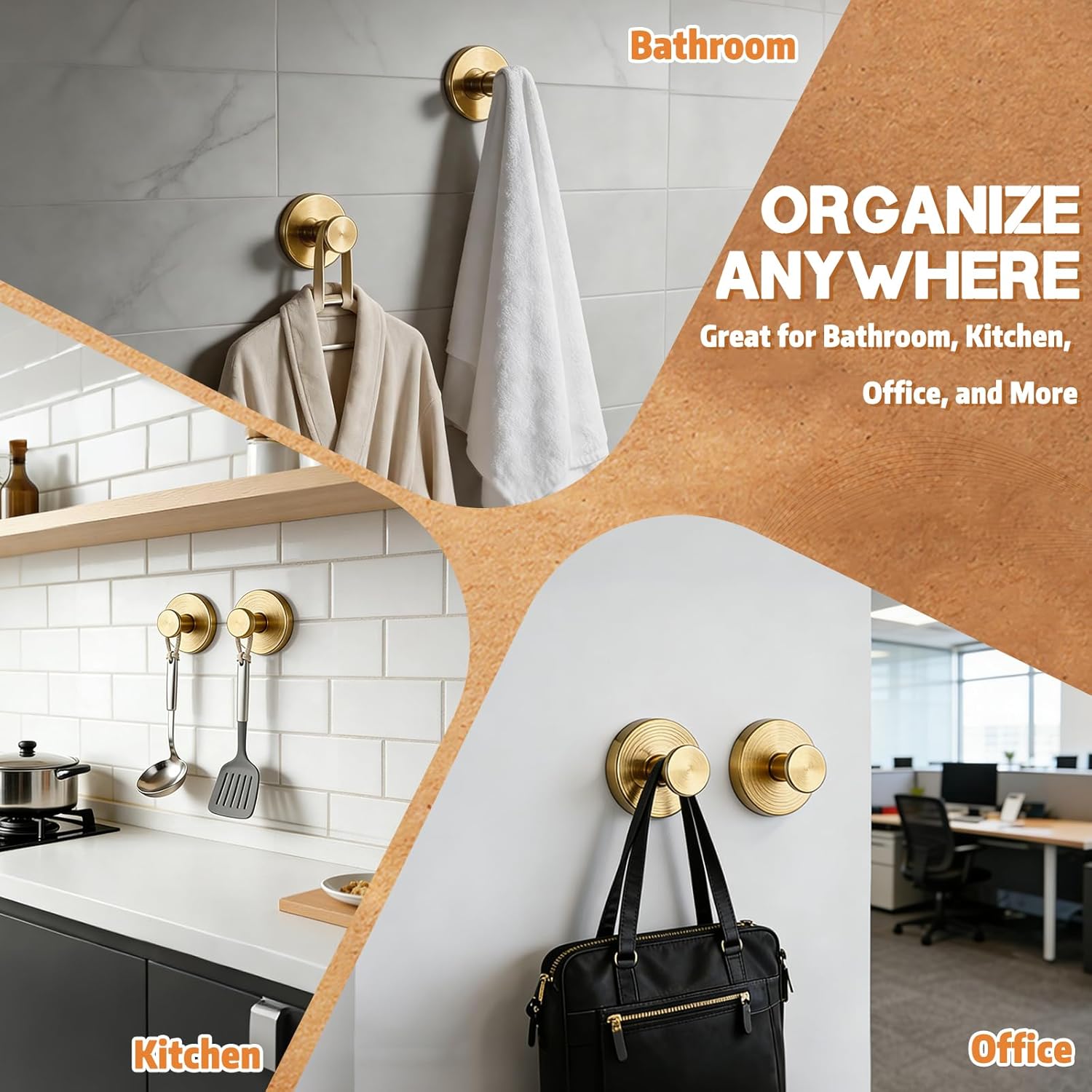 2026 Upgraded Drill-Free Suction Cup Hooks, Stainless Steel Shower Hooks for Bathroom, Glass, Mirror & Wall, Heavy Duty Towel Holder, Removable Waterproof Hooks(2GOLD)