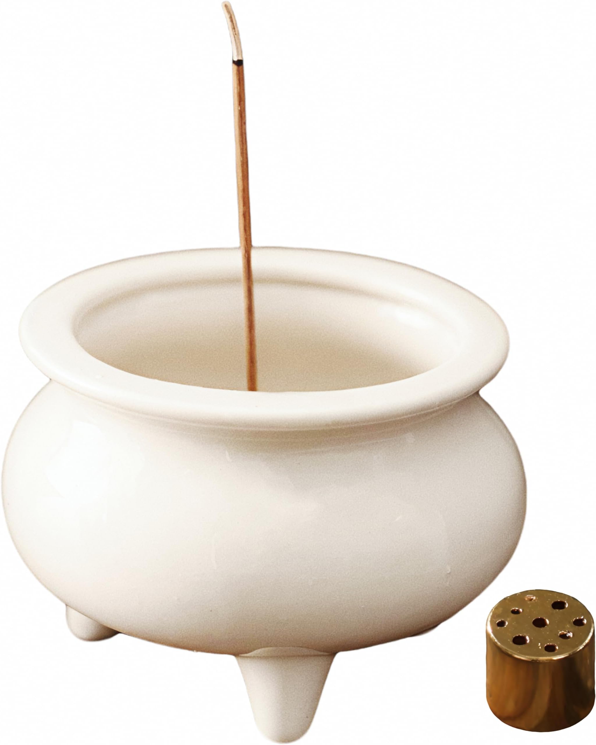 Handheld Ceramic Incense Burner Holder, Tri-Legged Design for Stick Incense, Pale Beige, Ash Collector Bowl, Zen Decor for Tea Table, Home & Travel