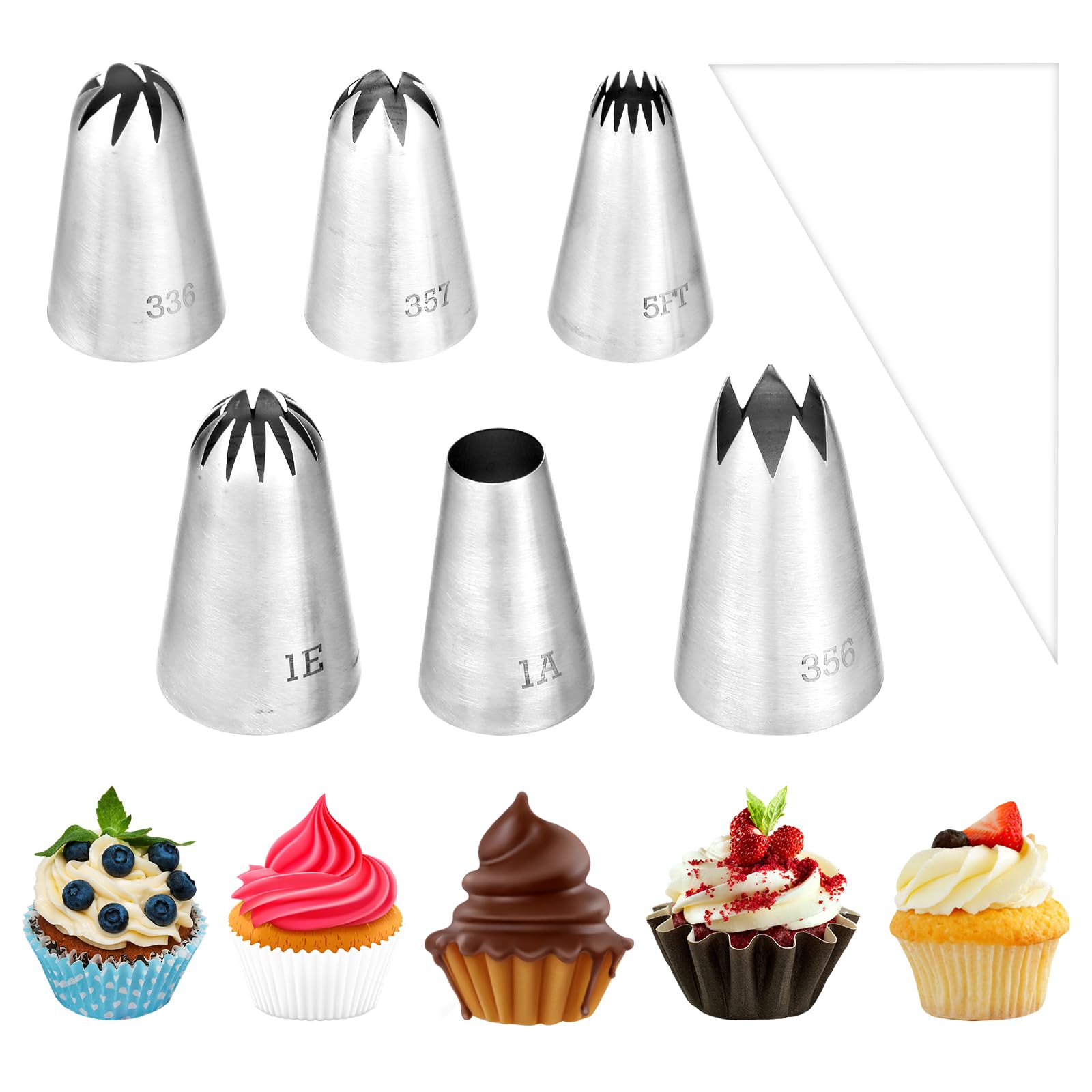 6 Pcs Large Piping Tips, Cake Piping Nozzles Kit - Stainless Steel Piping Tips with 12 Pastry Bags for Decorating DIY Cream Cupcake Cookie Puffs Pastries Birthday Cakes