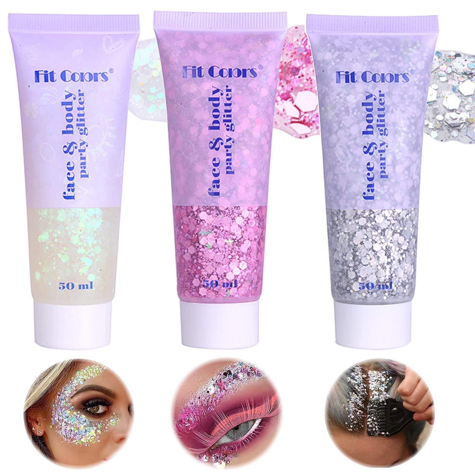 Miioto Glitter Corpo Gel, Glitter Corpo e Capelli, Brillantini Corpo,Glitter Make Up, Brillantini Adesivi per Viso, Glitter Gel per Viso, Unghie, Occhi,Labbra,Capelli,Corpo,Feste in Maschera, 3 Colori