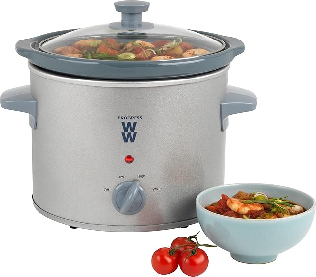 Progress by WW EK5305WW 3.5 L Slow Cooker, Casseroles, Curry, Baked Oats, Removable Ceramic Cooking Pot, Adjustable Temp Control, 3 Heat Settings, Cool Touch Handles, Tempered Glass Lid, Power Lights