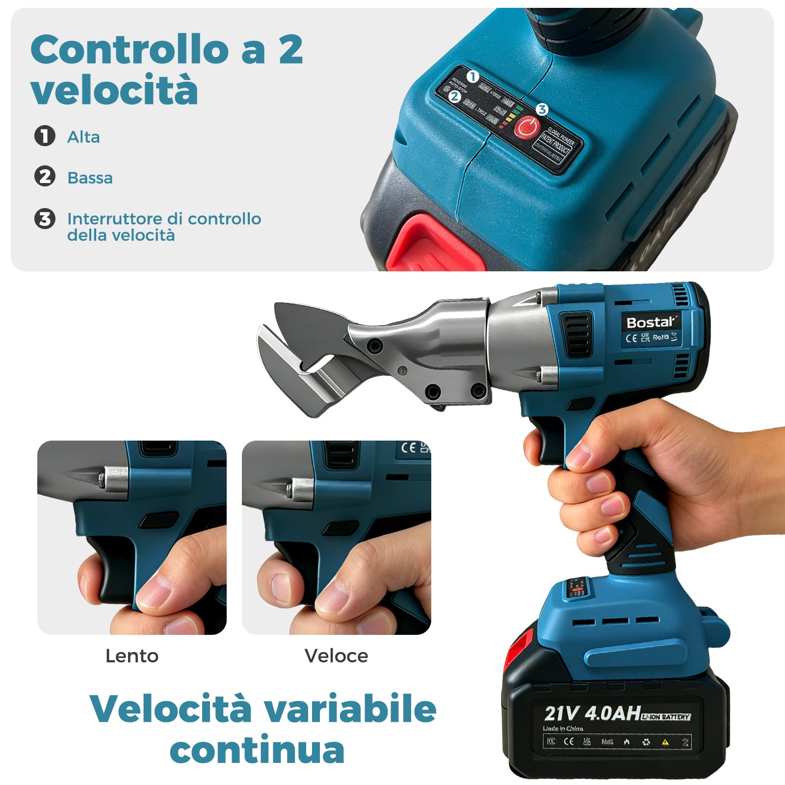 Bostar Cesoia per Lamiera a Batteria, Motore Brushless con 2 Batterie 4.0Ah, Taglierina Elettrica per Metallo 1,5mm & Alluminio 2,0mm, Testa Girevole 360°, Compatibile con Batteria Makita 18V