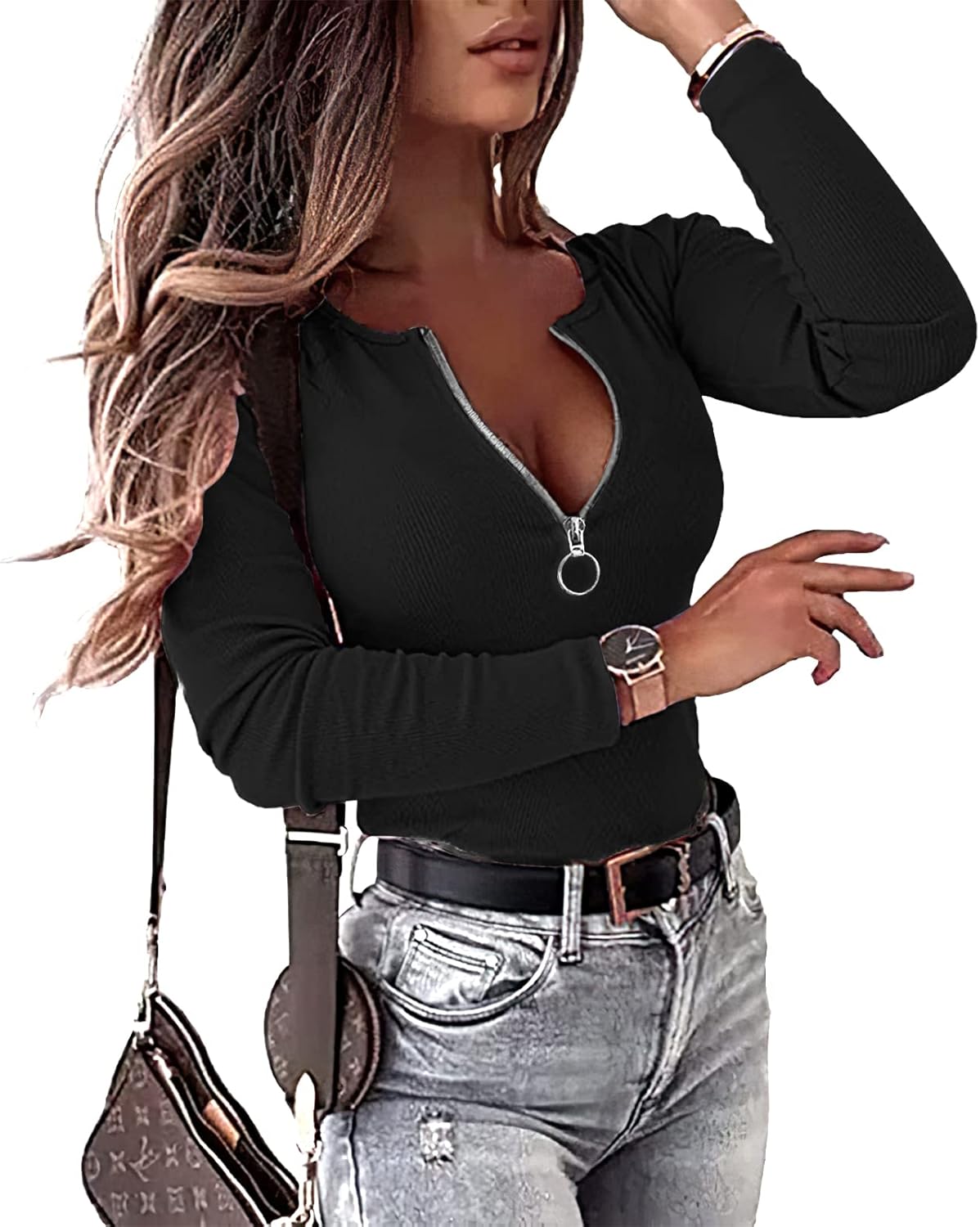 OwnTime Womens Sexy Tops Long Sleeve Henley Shirts Fitted Low Cut Tops Ribbed Zipper V Neck Cleavage Fall Shirts Blouses - Image 3