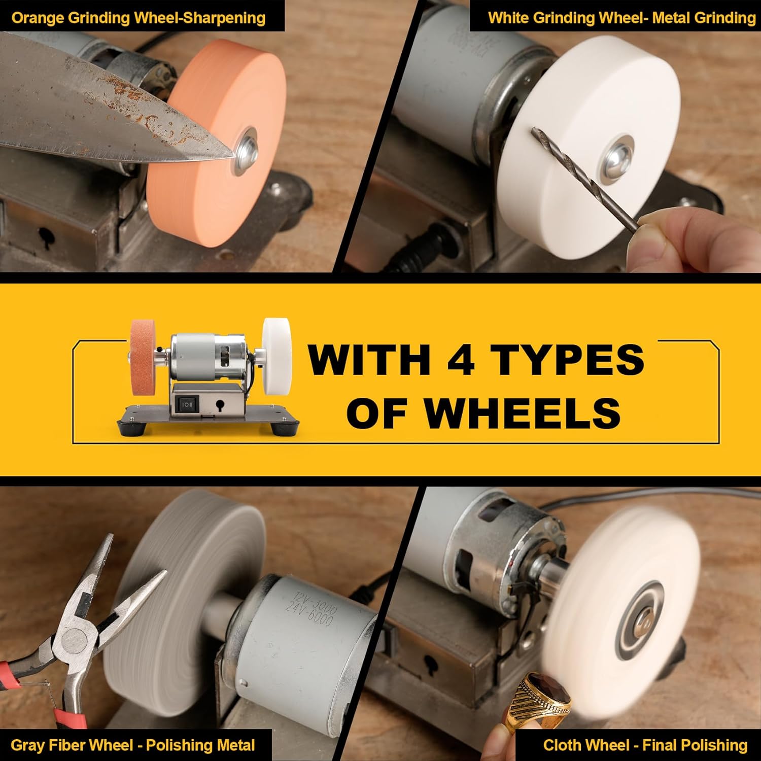 Sbestily Mini Bench Grinder Buffer Polisher, For Jewelry Wood Metal, Electric Small Benchtop Knife Sharpener Tool DIY Kit with Grinding Buffing Wheel, Sandpaper