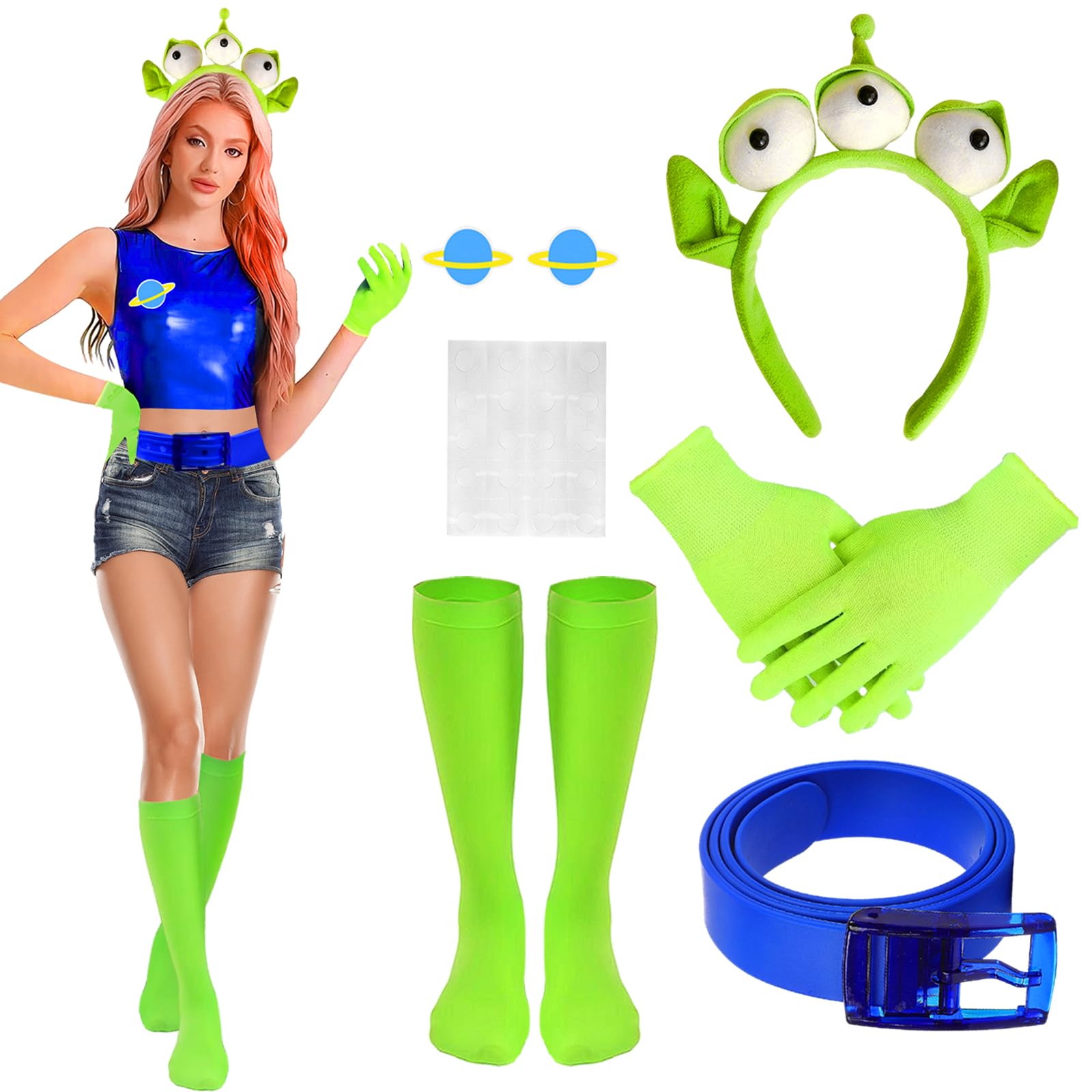 Boyigog Alien Costumes Women 6Pcs Green Three Eyed Alien Outfit with Headband Gloves Socks Belt Cards, Aliens Fancy Dress Costume Accessories for Halloween Cosplay Party