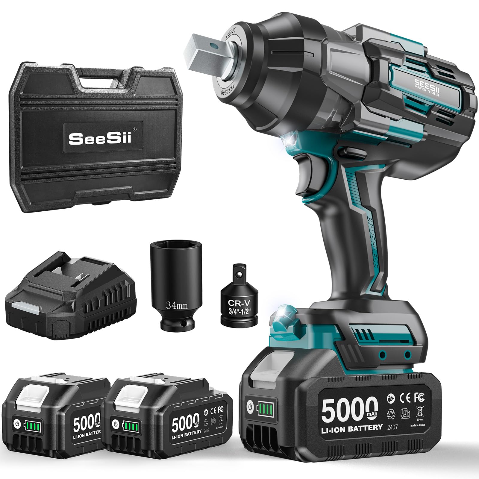 Seesii 1800Nm Akku-Schlagschrauber, 3/4 Zoll Schlagschrauber Akku Bürstenlos mit 2x5000mAh, 3-Gang-Getriebe, Außenvierkant Stecknuss, 3/4 Zoll auf 1/2 Zoll Bit Adapter, 34mm Schlag-Stecknuss für