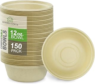 Compostable Bowls 12OZ/350ml 150Pcs – Bamboo & Bagasse Disposable Bowls for Hot Soup-Temperature Resistant & Microwave Safe – Paper Bowls Disposable for Daily Meals… (12OZ pack of 150)