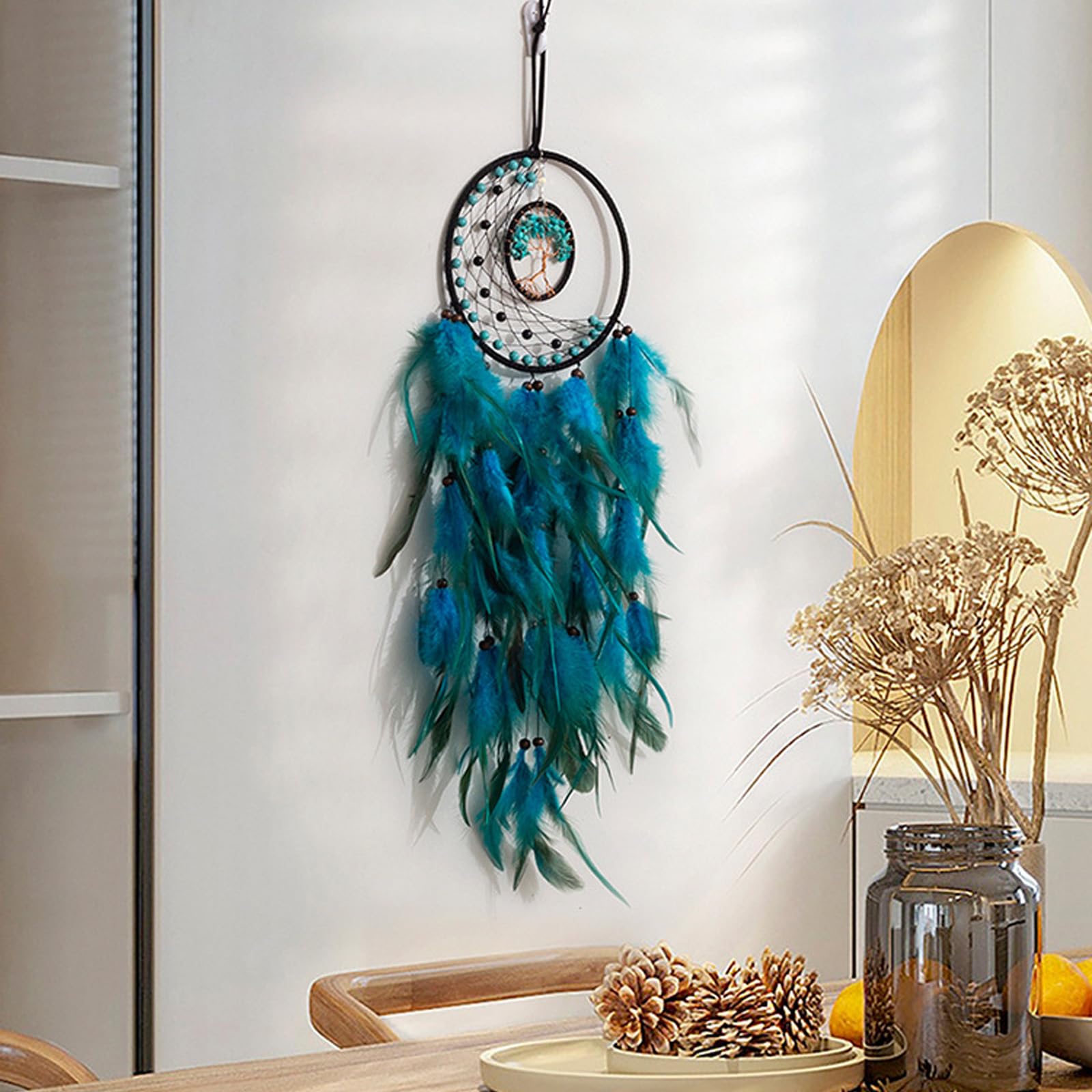 Acchiappasogni Piume Decorative, Blu Dream Catcher, Acchiappasogni con Piuma Appendere Decorazione per Casa Camera Parete Appeso Ornamento Artigianato Regalo Festa