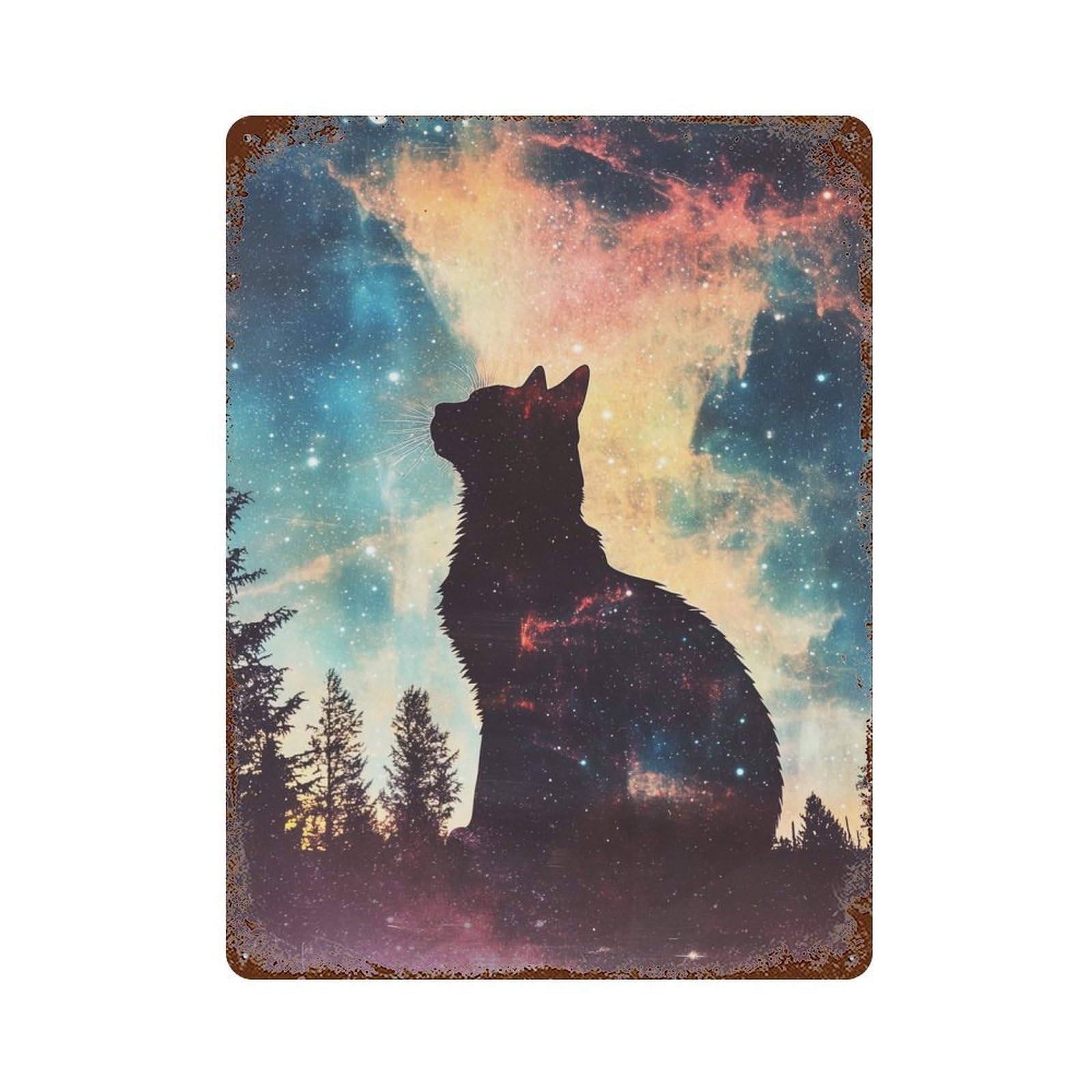 Cat in The Galaxy Vintage Wall Sign 15.7"x11.8", Rust Effect Metal Decor for Office, Studio And Wall Decor