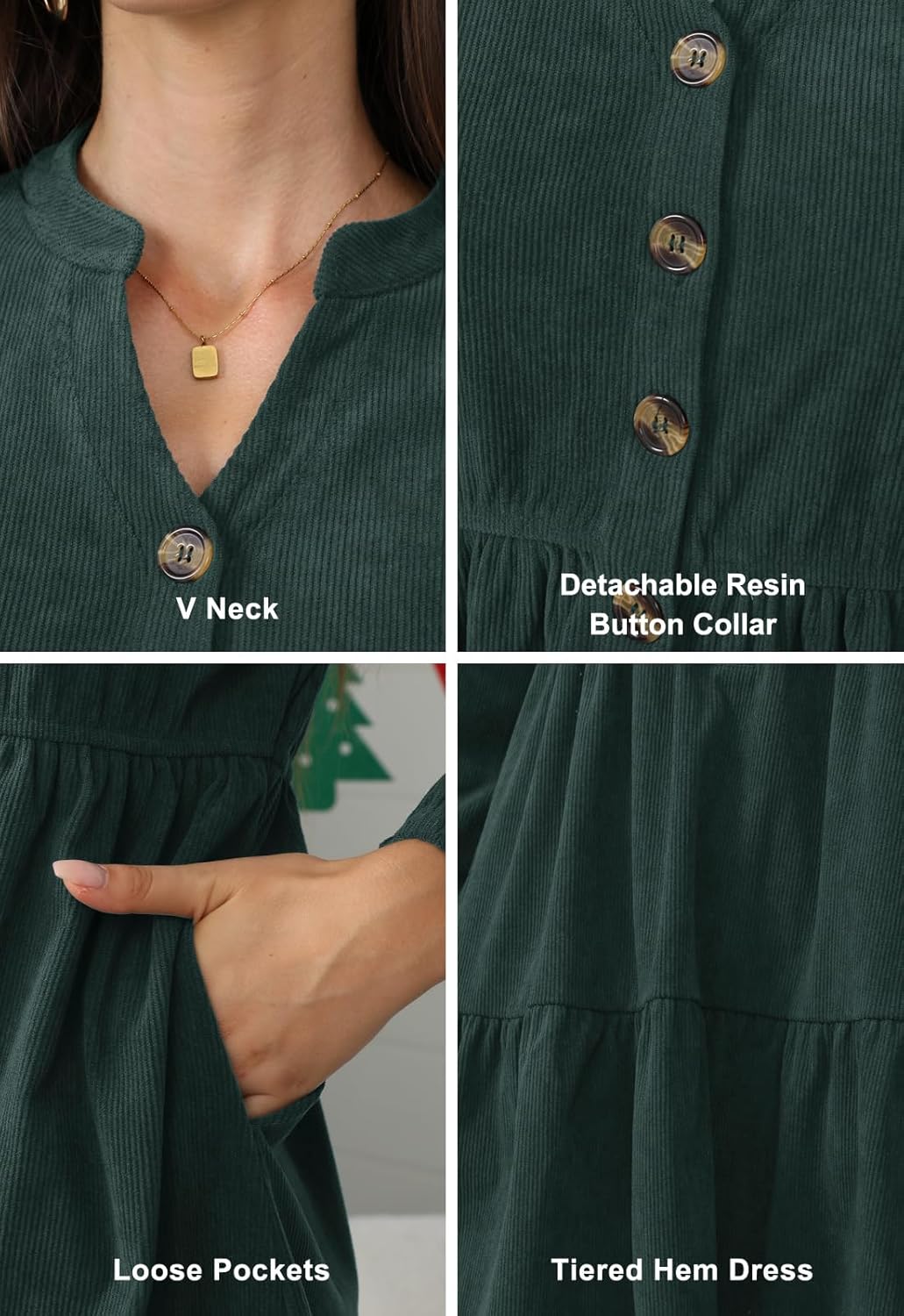 Jayscreate Women's 2025 Long Sleeve Corduroy Dress Above Knee A-Line V Neck Fall Winter Short Work Dress - Image 7