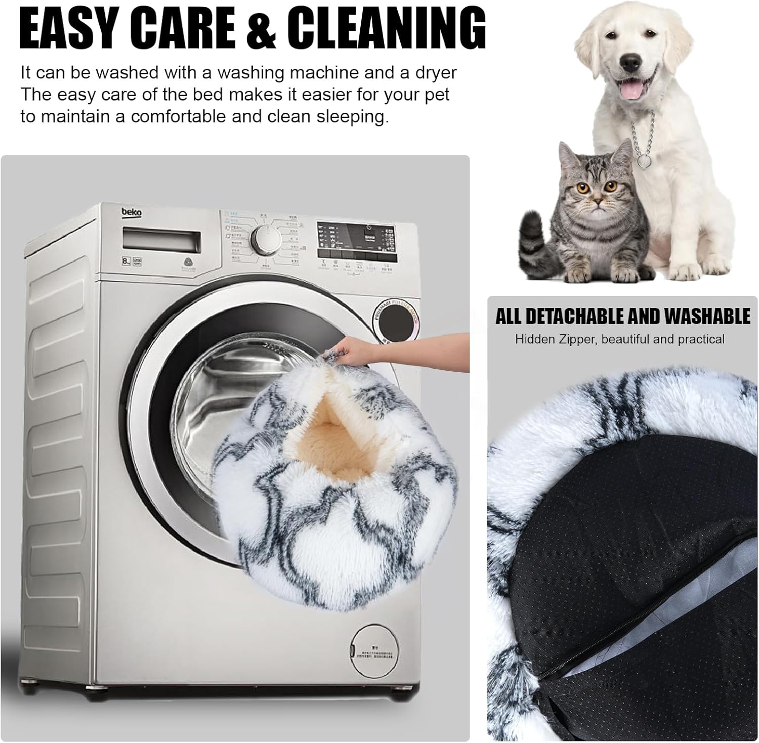 review Calming Dog Beds & Cat Cave Bed with Hooded Cover,Removable Washable Round Beds for Small Medium Pets,Anti-Slip Faux Fur Fluffy Coved Bed,Comfortable Warming Pet Bed (20 * 20inch, Black and White)