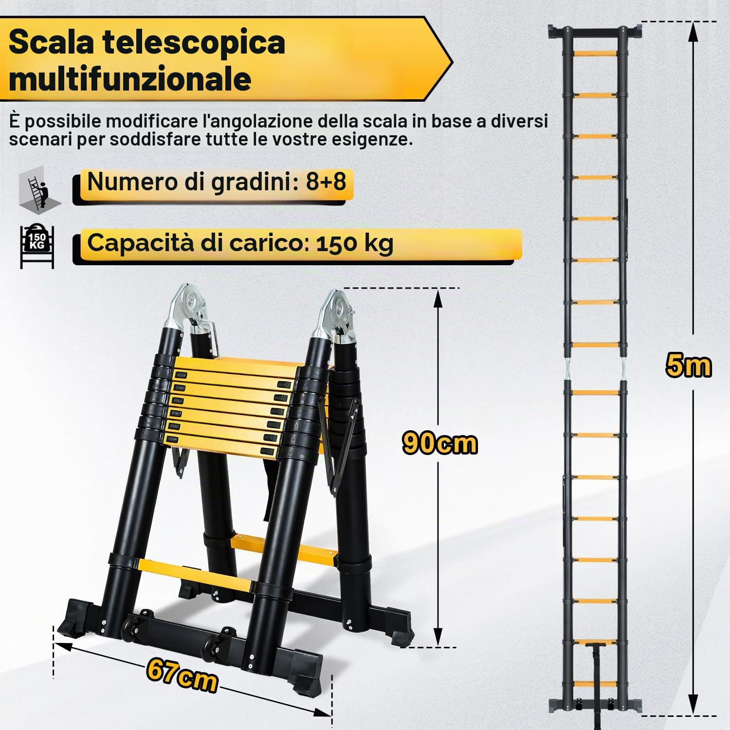 Ikodm Scala telescopica pieghevole in alluminio 5 m, scala alluminio telescopica antiscivolo, scala multiuso in alluminio, portata 150 kg, colore nero e giallo