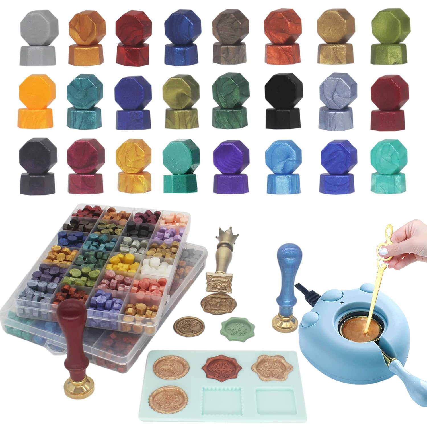 Wax Seal Kit With 24 Colors Envelope Stamp Seals Beads 600pcs, Tree of Life Sealing Stamp, Electric Wax Seal Warmer Set, Silicone Mold, Metallic Pen, 120 Removable Sticky Dots, Spoon Cleaner