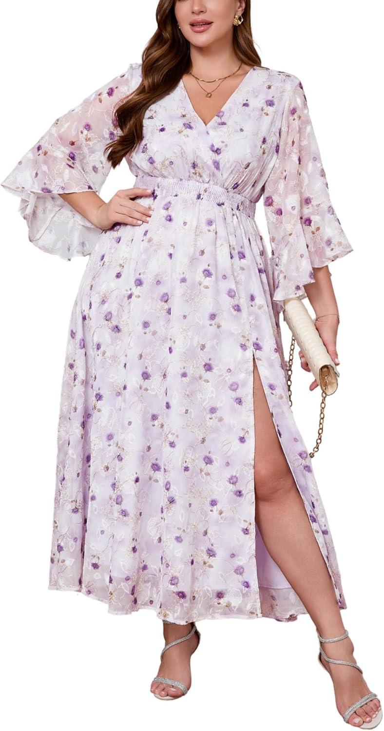 Wedding Guest Dress Plus Size Ruffle Bell Sleeve V Neck A Line Flowy Empire Waist Maxi Dresses with Slit