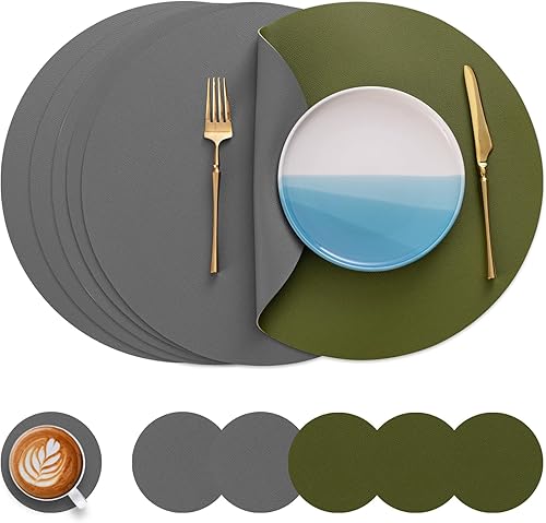 Miniatura 34 de Myir JUN Juego de 4 manteles individuales redondos de cuero sintético y posavasos 38 cm de diámetro para mesa redonda, manteles individuales de Gris