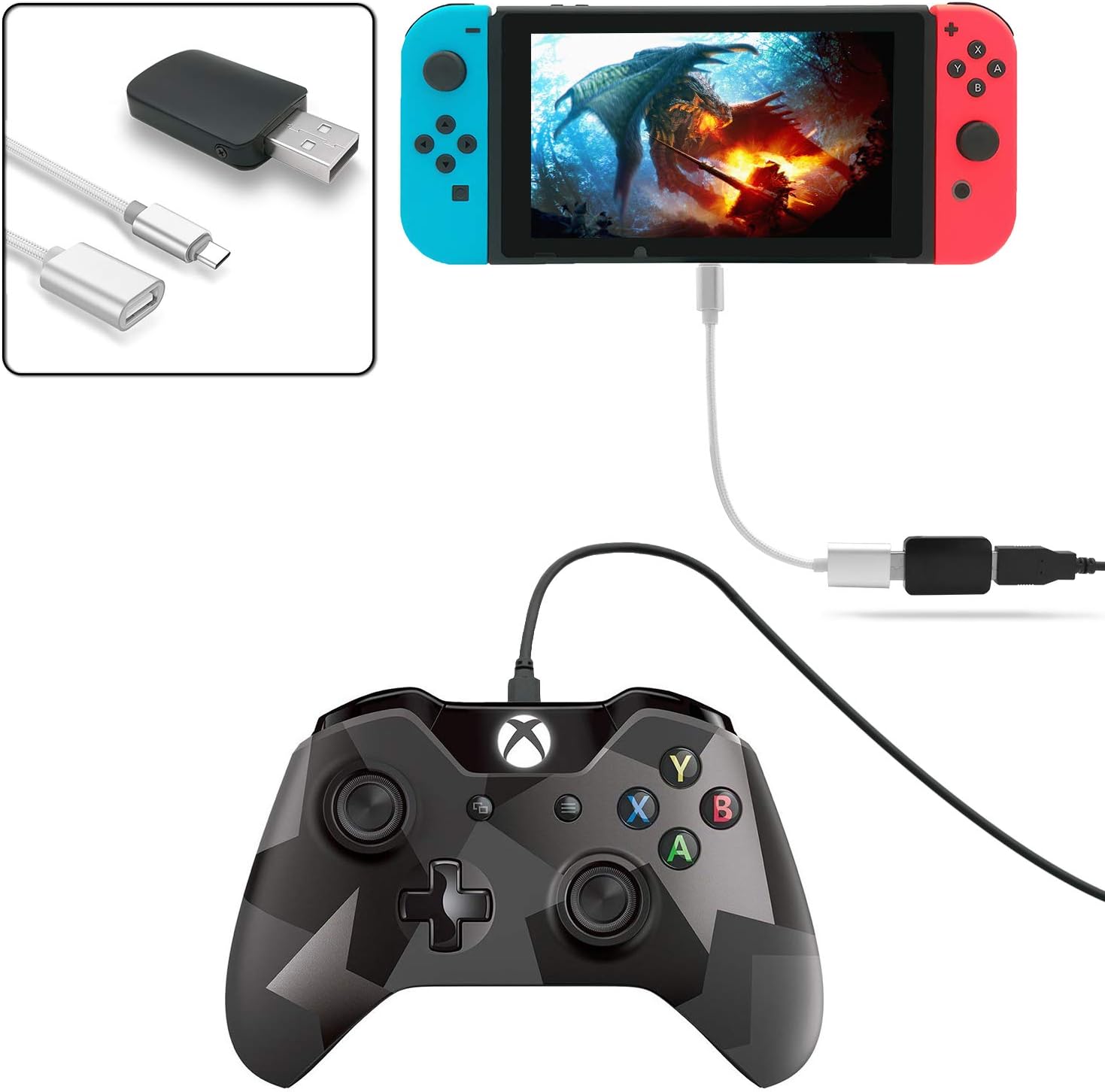 FastSnail Controller Converter for Nintendo Switch, Makes PS3/PS4 Dualshock/Xbox ONE Controllers Compatible with Your Switch, Support Vibration, with Type-C OTG Cable Silver