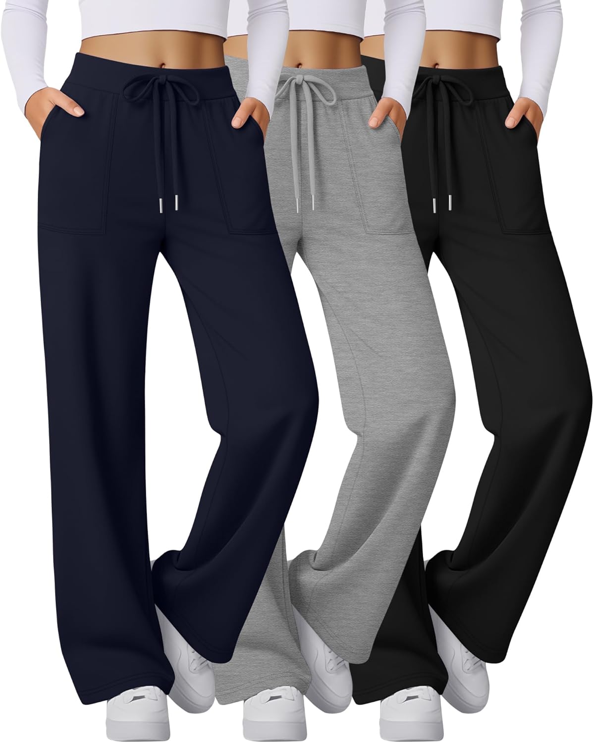 Velvelhall 3 Pack Women's Wide Leg Sweatpants Baggy Workout High Waist Drawstring Jogger Casual Yoga Pants with Pocket