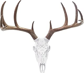 Near and Deer Faux Taxidermy Native American Carving Deer Skull Wall Mount, White/Bronze - coolthings.us