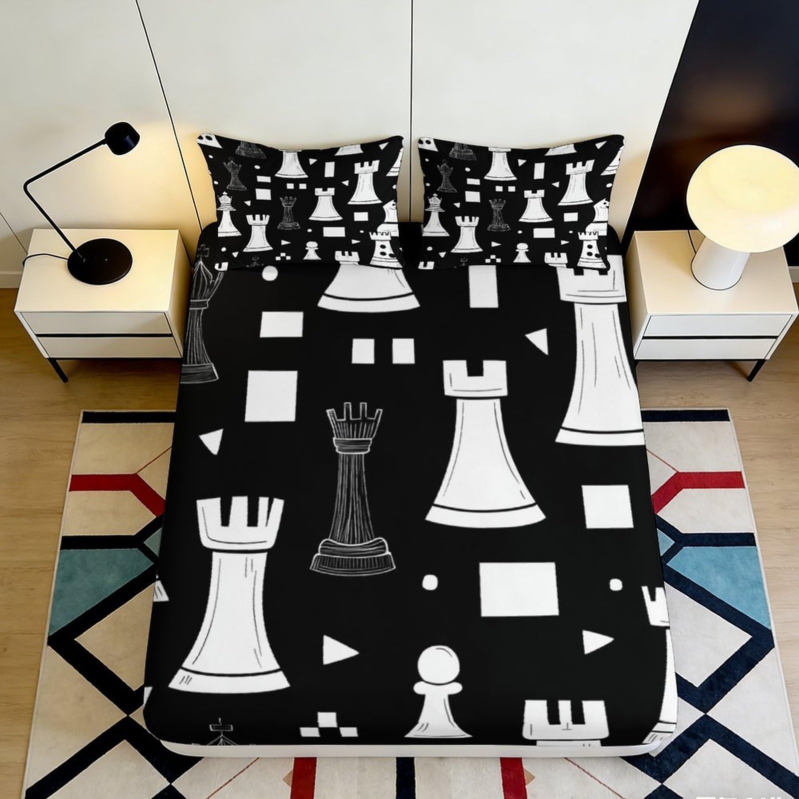 Jqzkxnhpbr Style-4 3D Printed Chess Pieces Pattern Fitted Sheet Microfiber Soft Black White Board Bed Cover Bedroom Decor 90X200x25cm