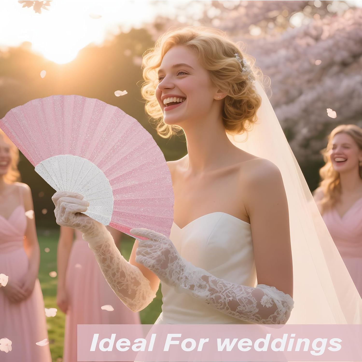 12 Pack Handheld Fan,Folding Hand Glitter Fan with Shining Transparent Fan Rib – Ideal for Wedding, Church, Festival, Dance, Tea Party, Club, and EDM Accessories, Pink image 3
