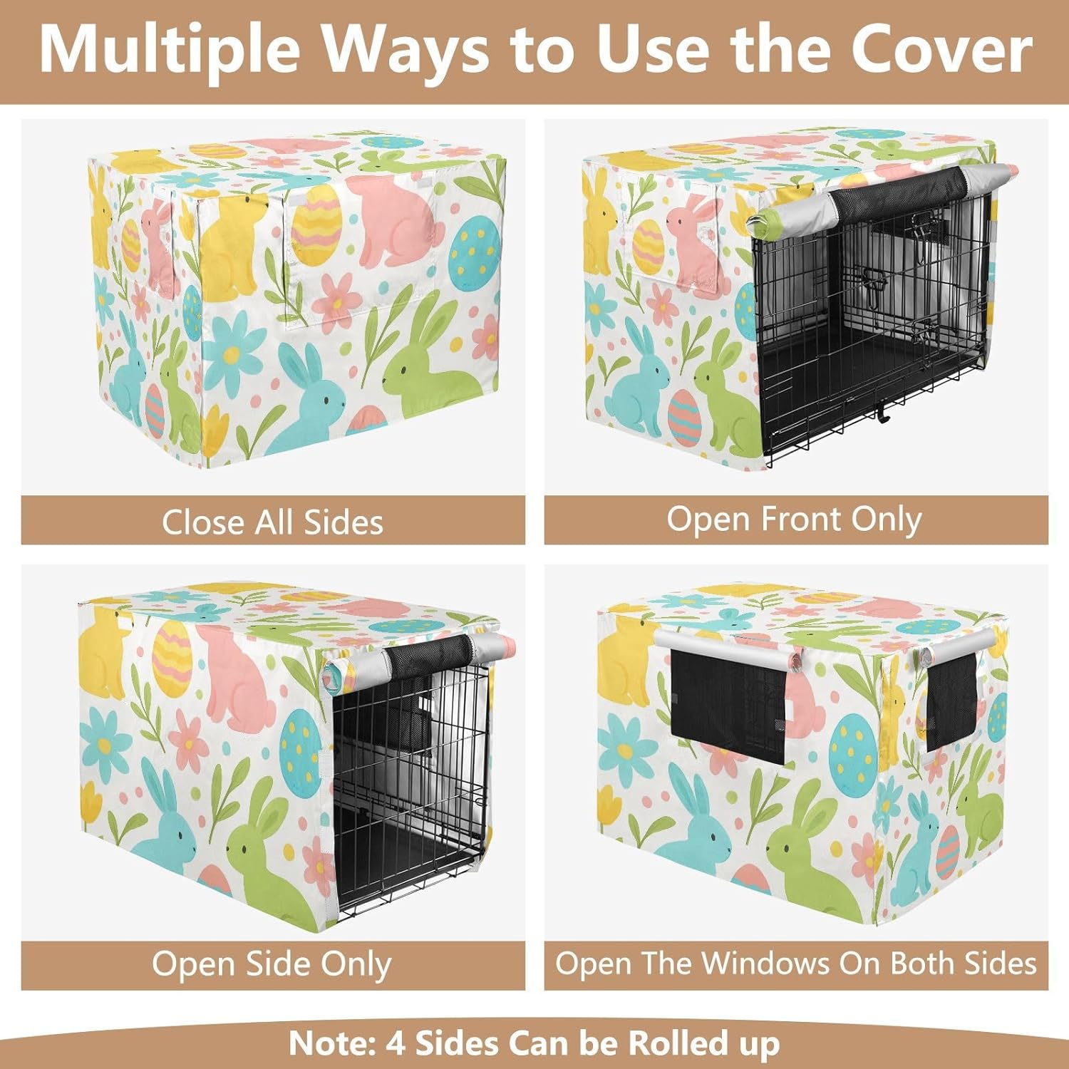 Spring Easter Bunnies White Dog Crate Cover Fixed Buckle at Bottom, Cage Cover for Puppies Training, X-Large