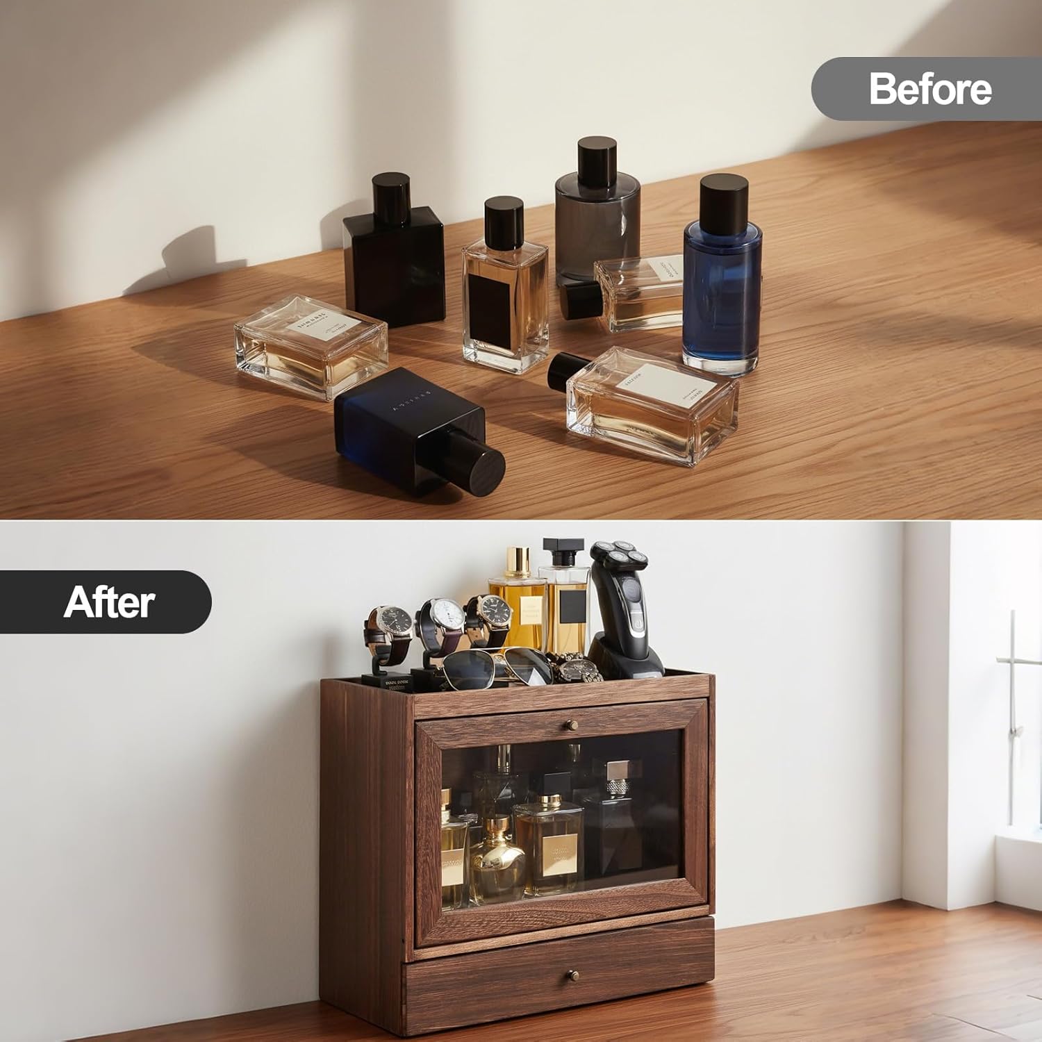 Cologne Organizer for Men,Nightstand Organizer,Cologne Shelf, Solid Wood Cologne Stand with Drawer Storage and Clear Window,Dresser Drawer Organizers,Perfume Stand Organizer,Brown