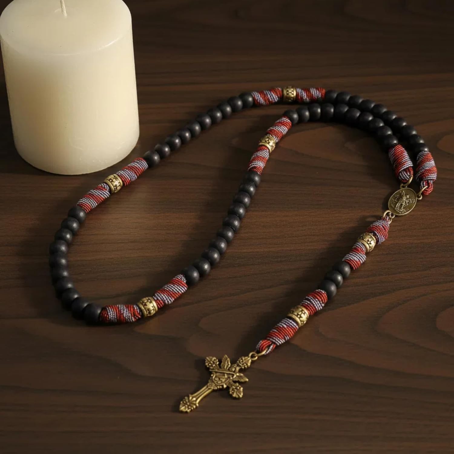 Nazareth Store Paracord Rosary Necklace 8mm Black Beads Antique Bronze Strong Rugged Corded Catholic Rosary with St.Michael Medal & Cross Crucifix - Image 5