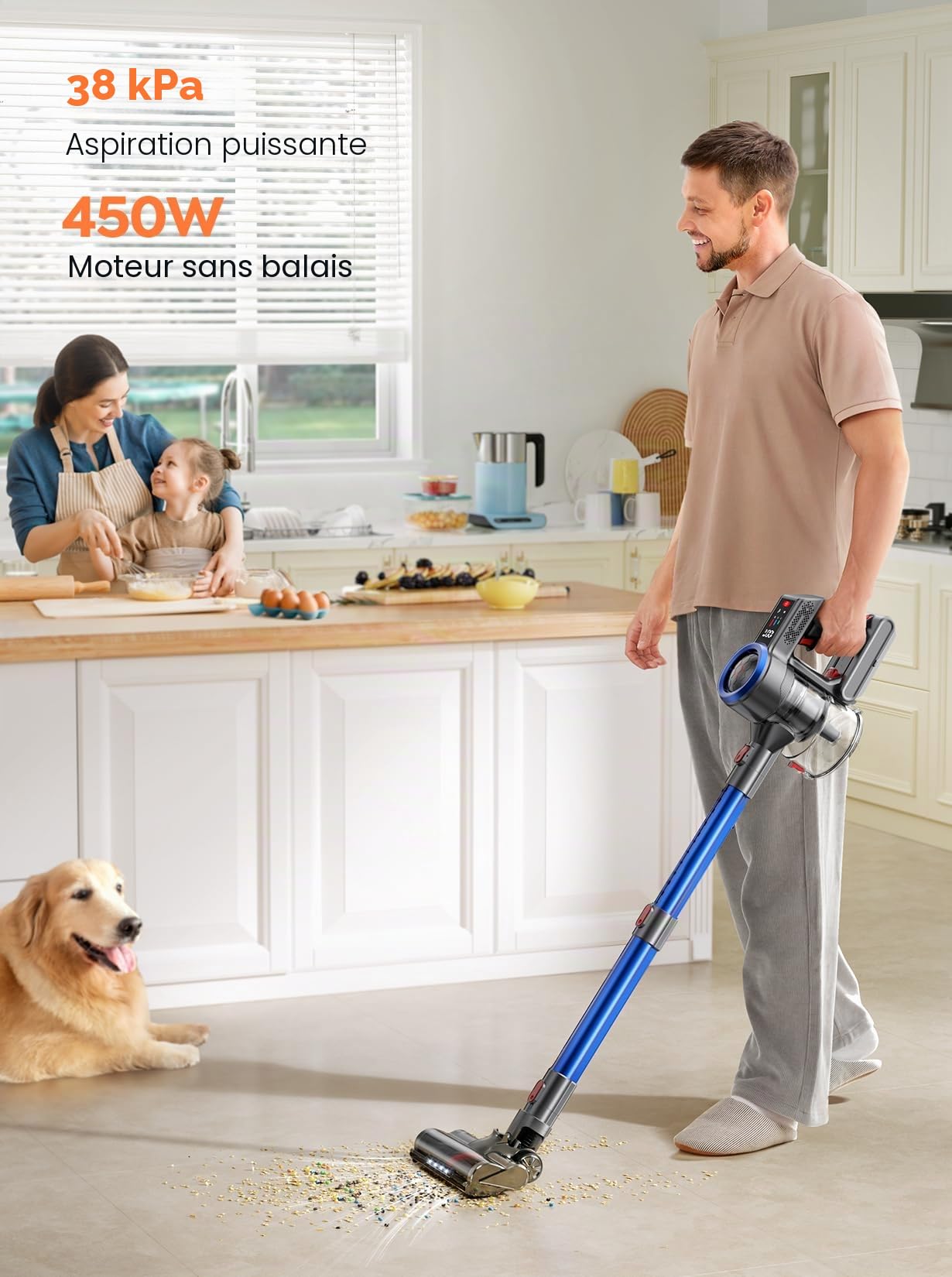 BuTure VAC Aspirateur sans Fil 450 W/38000 Pa, Charge Murale, 55 Min, Puissant Balayage électrique sans Fil avec écran Tactile Intelligent et Anti-Vent, 1,5 L pour sols, Tapis, Animaux