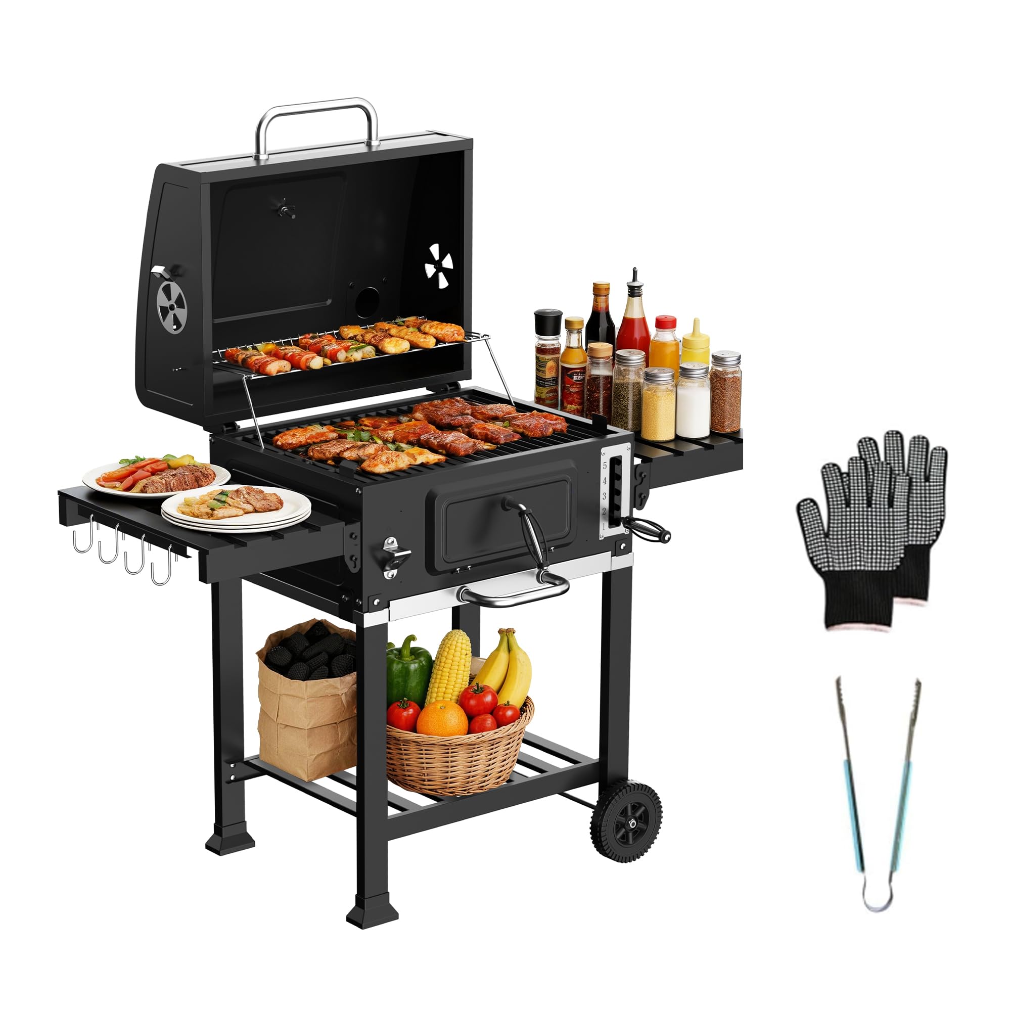 TEENO Grill węglowy XXL - wbudowany termometr, rękawice zapobiegające nagrzewaniu, kominek, otwieracz do butelek i wędzarnia - 6 prędkości Duży model do grillowania na świeżym powietrzu, imprezy i