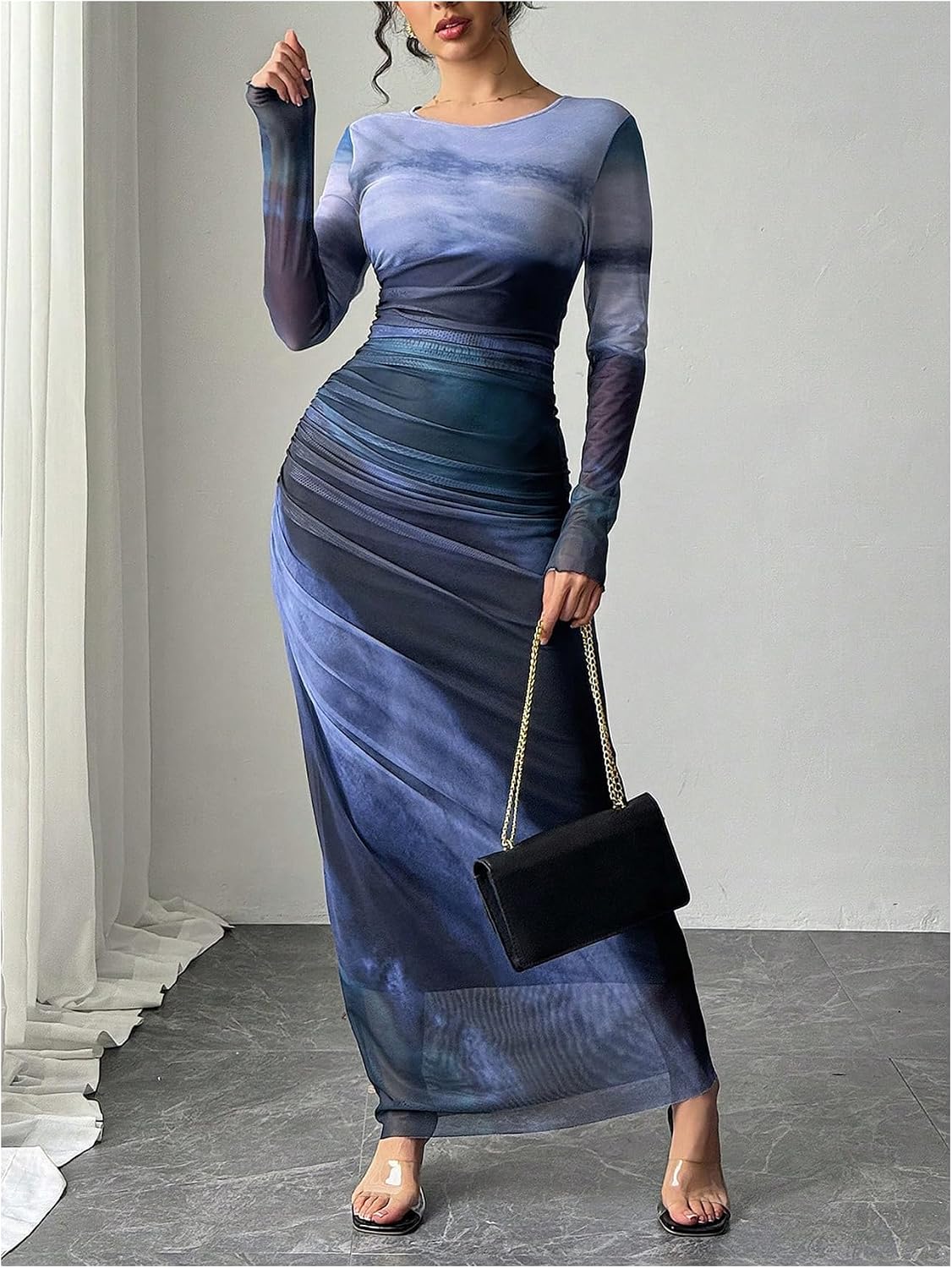 BEAUDRM Women's Fall Wedding Guest Dress Long Sleeve Cocktail Date Night Sexy Y2K Bodycon Ruched Mesh Formal Maxi Dresses