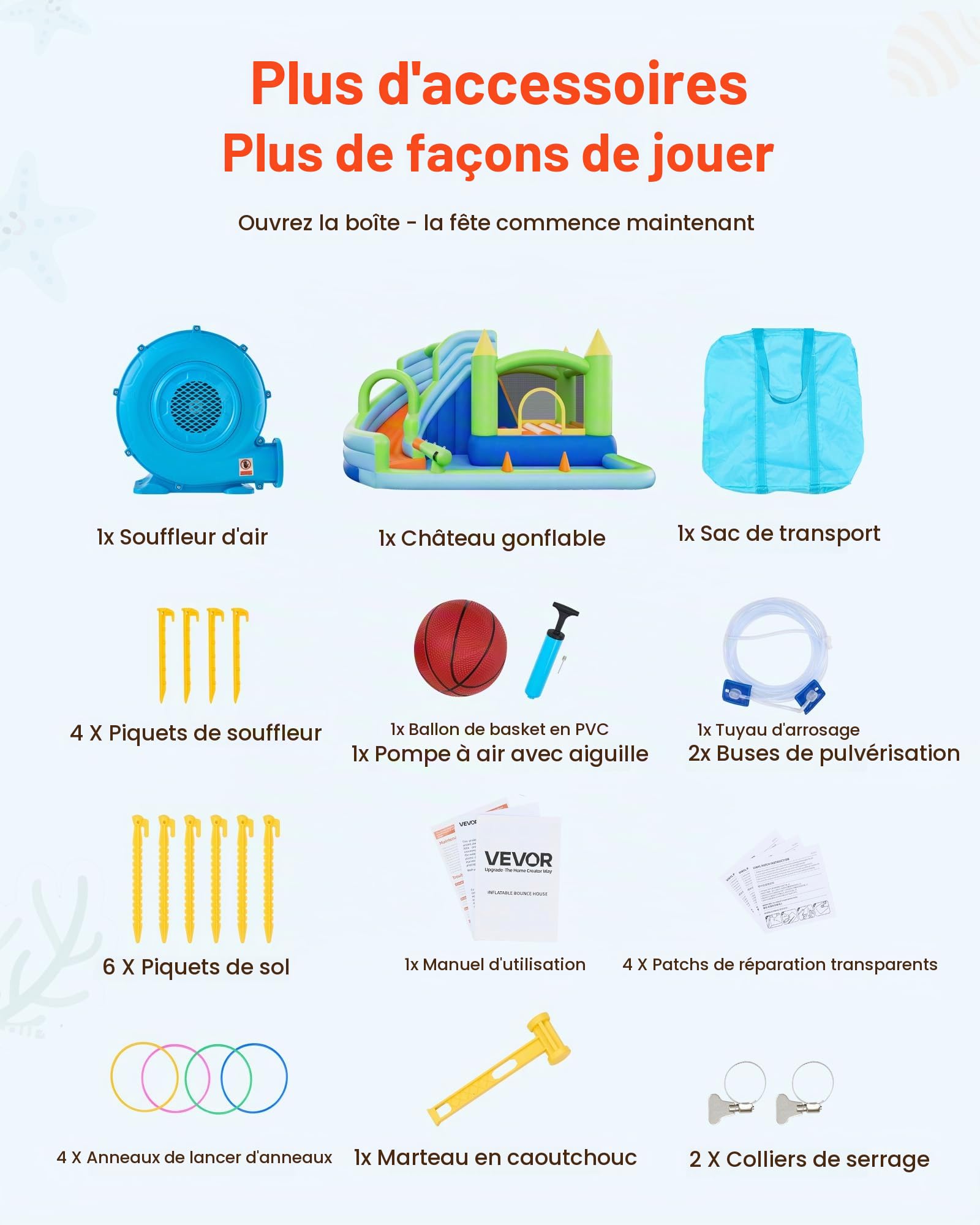 VEVOR Château Gonflable, Aire de Jeux Gonflable avec Toboggan Aquatique, Piscine, Zone de Saut, Canon à Eau, Panier de Basket, pour 3 à 4 Enfants de 3 à 8 Ans, 344x374x213 cm, Souffleur Inclus