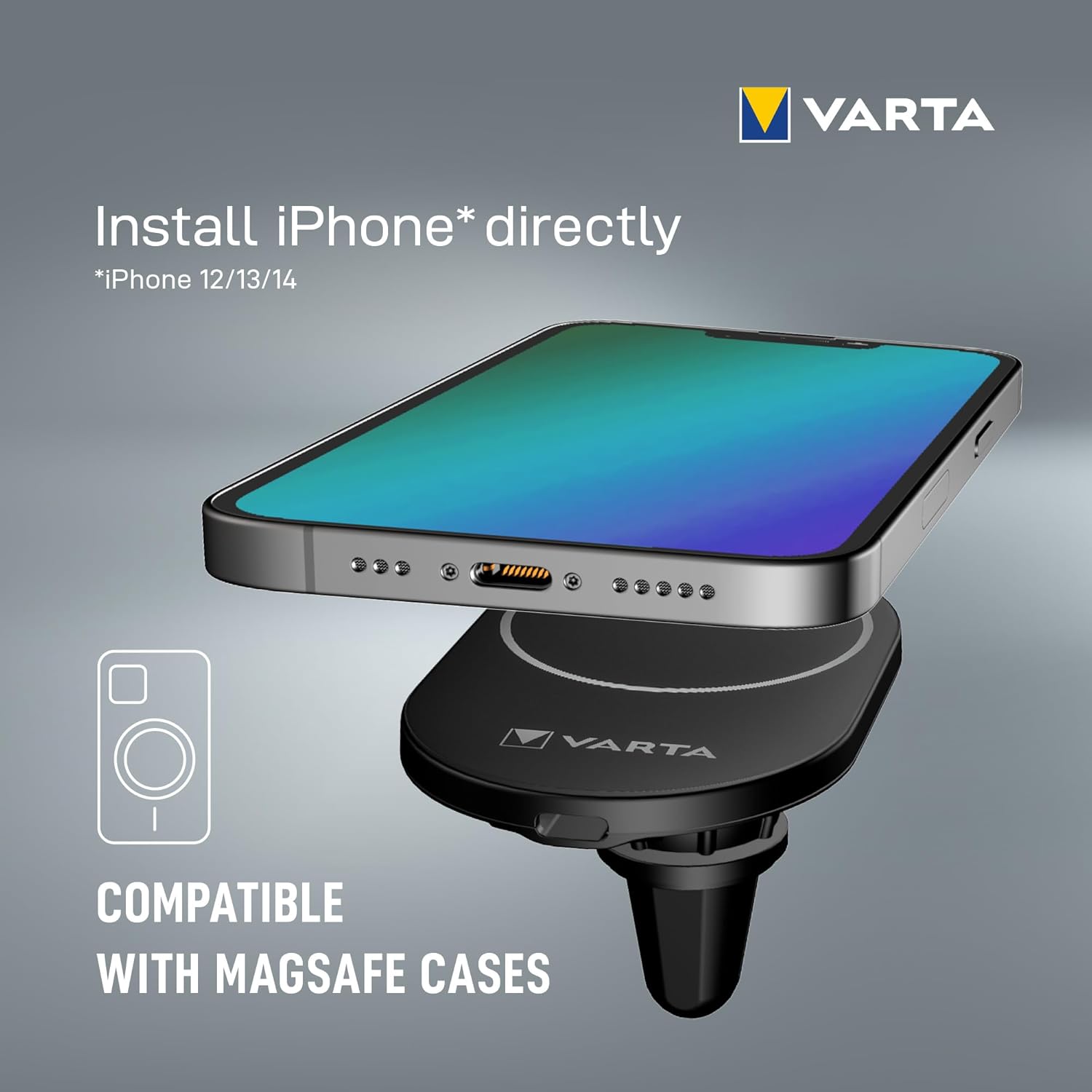 VARTA Mag Pro Wireless Car Charger & Mobile Phone Holder, 15 W, Magnetic Smartphone Holder with Charging Function, MagSafe Compatible, Qi Compatible, Car Mount with USB Type-C Cable, Black