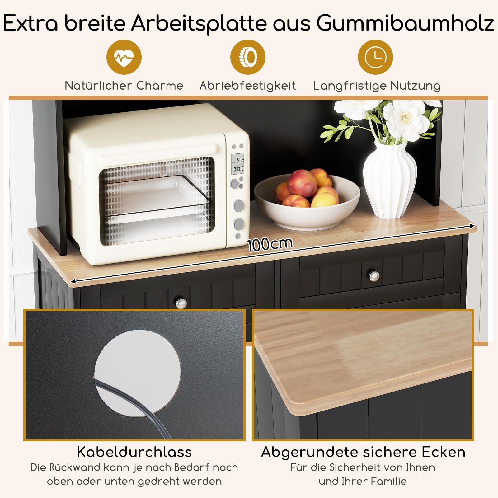COSTWAY Küchenschrank, für 45 L Mülleimer, Buffetschrank mit Arbeitsplatte & 2 Schubladen & verstellbaren Einlegeböden, Hochschrank Küche für Mikrowelle, Kommode Holz, 100 x 34 x 172 cm (Schwarz)