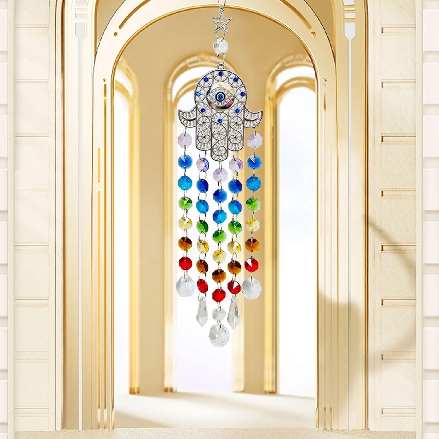 Hamsa Palm Metal Wind Chimes Evil Eye Chakra Glass Beads Wind Chimes Hand Hanging Crystal Sunglasses Decorations Rainbow Maker for Balconies, Courtyards Wall Art Decorative Gifts