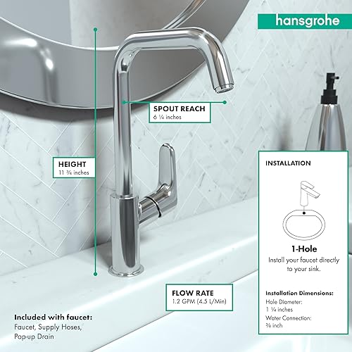 Miniatura 4 de hansgrohe Focus Modern 31609001 - Grifo de lavabo de baño de 1 manija y 12 pulgadas de alto, atemporal, fácil de limpiar, cromado