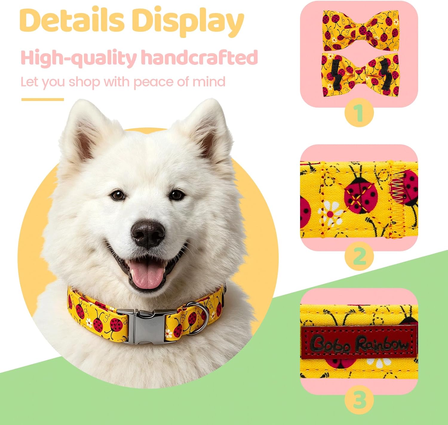 Dog Collars, Spring Pet Collar Yellow Ladybug Print Cotton Collar with Bow Tie Adjustable Metal Buckle Dog Collar for Large Girl and Boy Dogs image 2