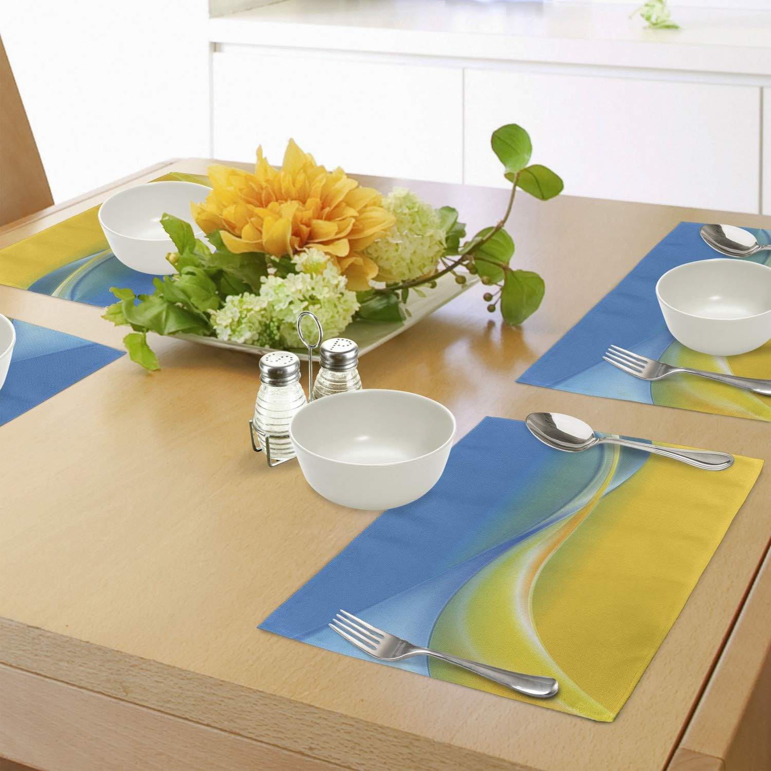 Lunarable Yellow and Blue Place Mats Set of 4 Color Waves Ukrainian Flag Inspired Design in Vibrant Colors Curvy Line Washable Fabric Placemats for Dining Room Kitchen Table Decor, Blue Yellow