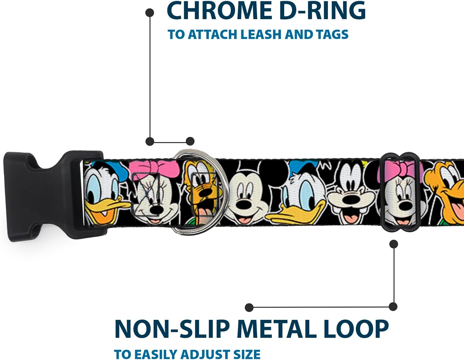 Buckle-Down Classic Disney Character Faces Black Plastic Clip Collar, Wide Medium/16-23"
